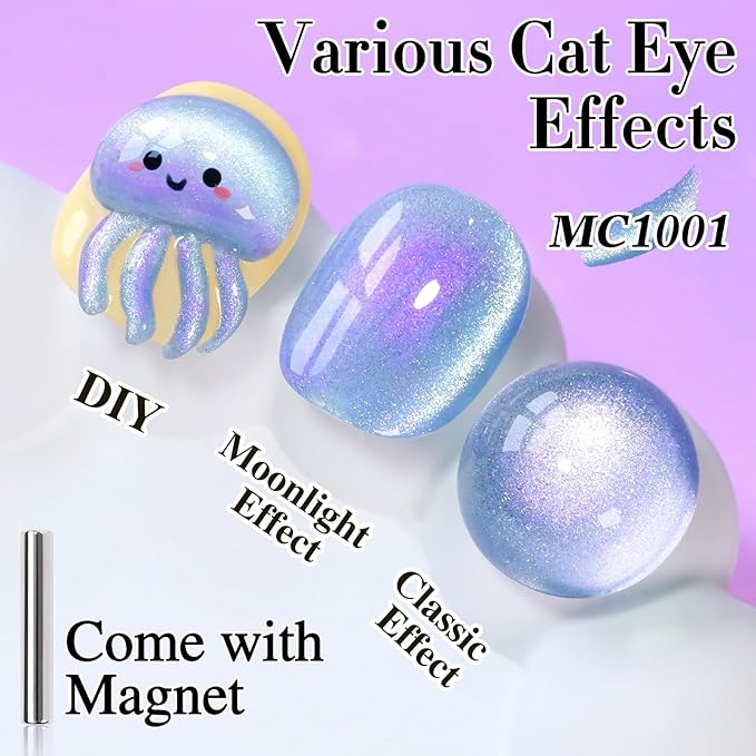 Double Rhythm 0.5 OZ Cat Eye Gel Polish with Magnet 15ML Holographic Glitter Shimmer Translucent Jelly Color Magnetic Nail Polish Salon DIY at Home (MC1001)