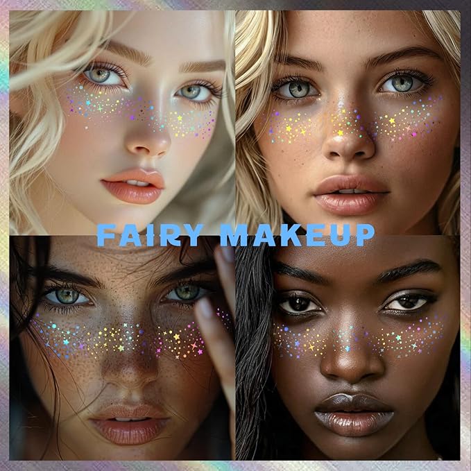 24pcs Face Glitter Freckles Tattoo, Holographic Chameleon Body Glitter Faux Freckle Stickers for Women Girls, Sparkle Star Speckles Makeup Patches Concert Festival Rave Cosplay Accessories