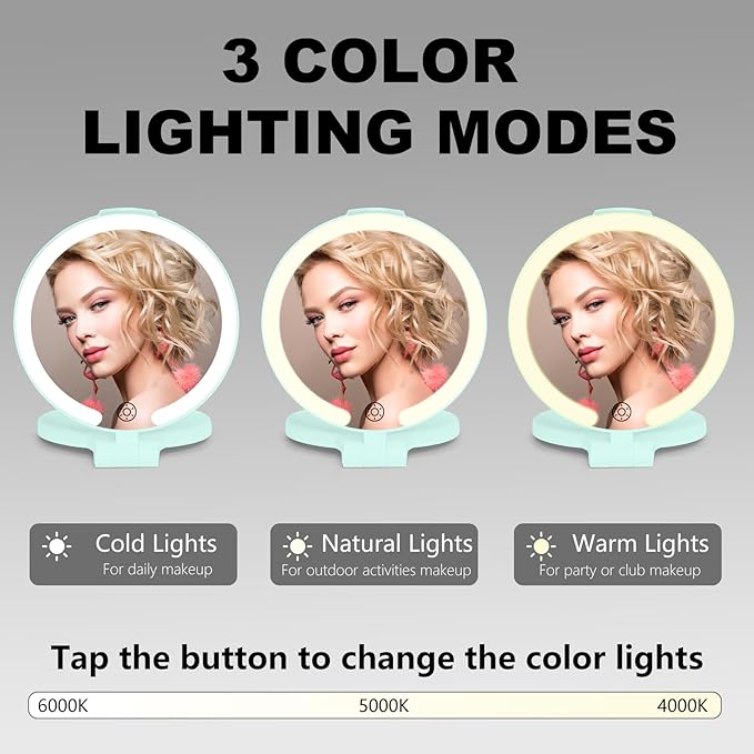 6.3 Inch Rechargeable Folding 10x Magnification Double Sided Makeup Mirror with Lights, Portable Travel Mirror for Women with Nearsightedness | Travel Essentials for Women