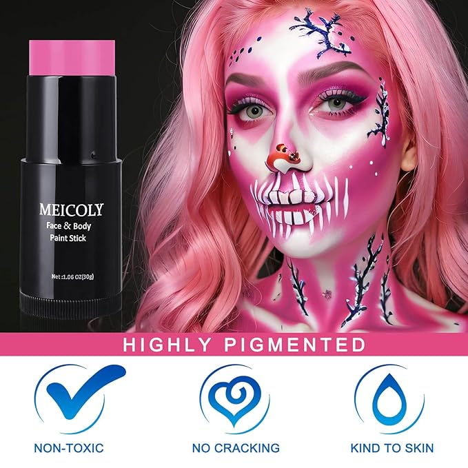 MEICOLY Pink Face Body Paint Stick(1.06 Oz),Cream Blendable Halloween Face Paint ,Sweatproof Waterproof Body Paint Makeup Oil Based Stick for Special Effects SFX Cosplay