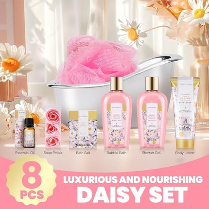 Self Care Gifts for Women, Spa Luxetique Bath and Body Gift Set, 8pcs Daisy Gift Baskets for Women with Bubble Bath, Lotion, Mothers Day Gifts for Mom