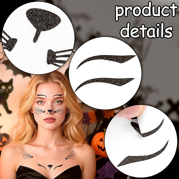 Black Cat Face Gems, Festival Face Jewels Tattoo Stickers, Glitter Cat Face Gems Stick on, Body Gem Stones Temporary Face Tattoos for Halloween