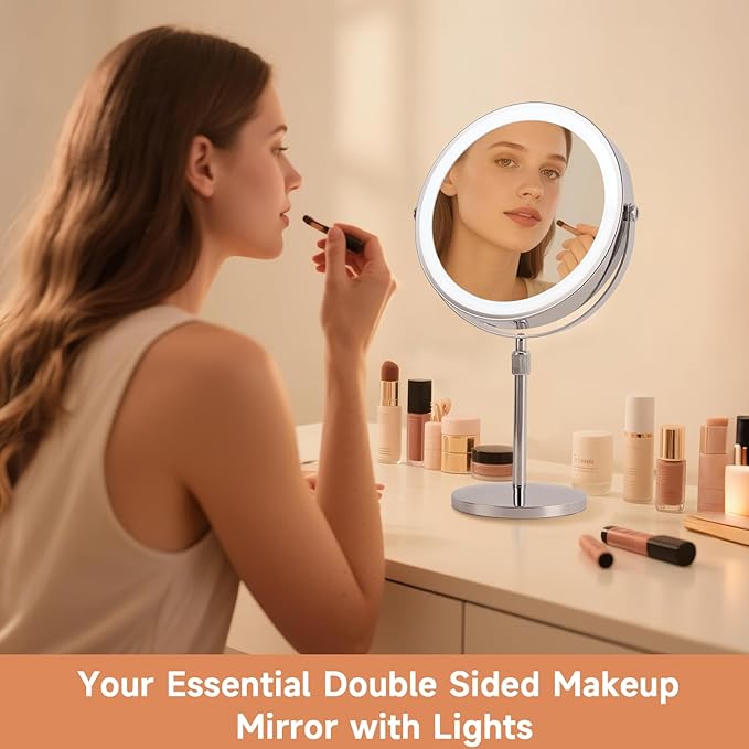 1X/20X Magnifying Makeup Mirror with Lights - 9" Large Dual-Sided Vanity Mirror with 3 Color Lights for Women's Travel Cosmetic Mirror | 3000 mAh-USB Rechargeable | 360° Rotation | Adjustable Height