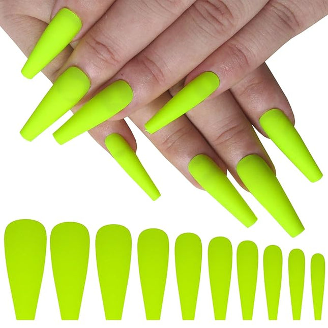 LoveOurHome 100pc Coffin Press on Nails Long Fake Nails Matte Full Cover False Nails Press ons Artificial Nail Medium Ballerina Fake Fingernail Neon Presson on Nail Tips for Women Kids Girls