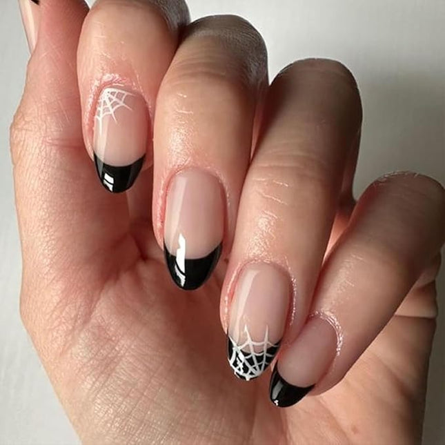Almond Press on Nails Medium Length Black French Tip Halloween Fake Nails Full Cover Acrylic Nails Glue on Nails with Spider Web Design False Nails Glossy Stick on Nails for Women Girls 24 Pcs