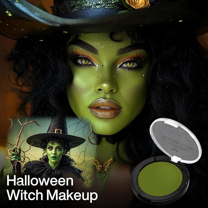 Ogre Green Face Body Paint, Witch Green Full-Coverage Cream to Powder Foundation Makeup, Non-Toxic Face Painting for Hulk Hunting, Frankenstein,Wicked Ogre,Halloween SFX Makeup, Cosplay,Theater,Stage