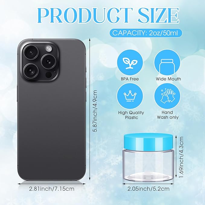 SATINIOR 100 Pcs Plastic Jars with Lids Small Containers Lids Wide Mouth Small Plastic Containers for Lotion Cream Rhinestones Body Butters Travel Storage(2 oz,Blue)