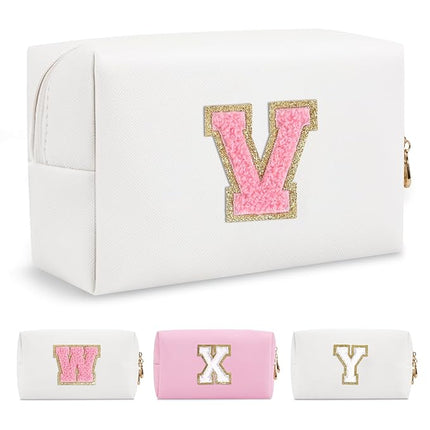 Personalized Makeup Bag Initial A-Z Preppy Patch Bag,Small PU Leather Travel Cosmetic Bag Pouch with Zipper,White Cute Toiletry Bag,Gift Ideal for Teen Girls Women Birthday Friend Mom,Letter V
