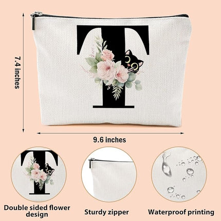 Floral Cat Initial Makeup Bag, Personalized Skin Care Bag, Travel Organizer Toiletry Bags for Women Mom Friends, Cosmetic Bags Makeup Pouch with Zipper, Letter T