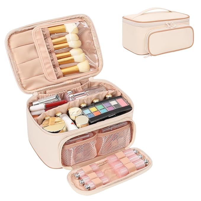 OCHEAL Makeup Bag, Multifunctional Make Up Bags Large Compact Makeup Bag Organizer Cosmetics Toiletry Brushes Storage Case for Women Girls Makeup Case with Handle Divider- Beige