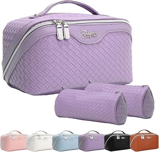 BOYATU Travel Makeup Bags for Women: Vegan Leather Cosmetic Bag Set of 3 - Large Capacity Make up Bag with Divider - Wide Open Waterproof Toiletry Organizer Bag with Handle (L13-Purple)