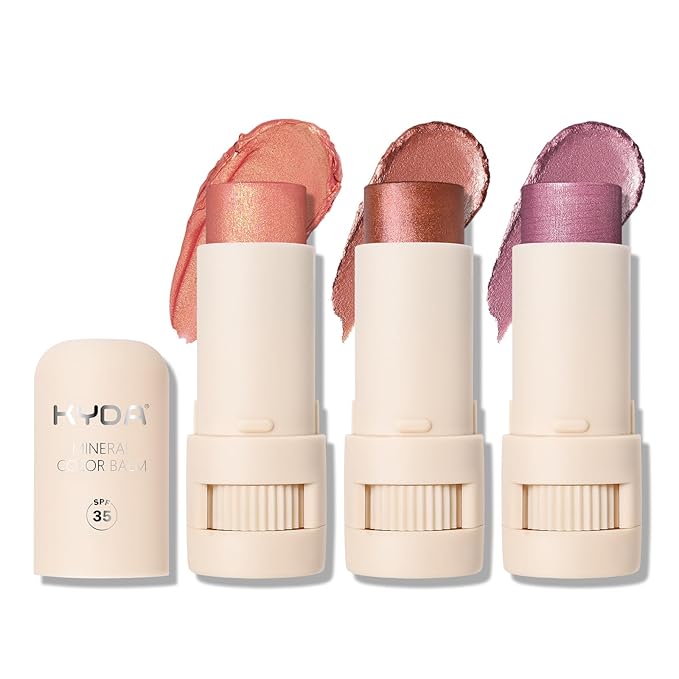 KYDA 3 Colors Mineral Color Balm, SPF 35, Buildable Shimmer Color for Lip and Cheek, Shimmer Cream Blush Stick, Lightweight Blendable, Multiuse Makeup Balm, GUAVA+CHERRY+BERRY