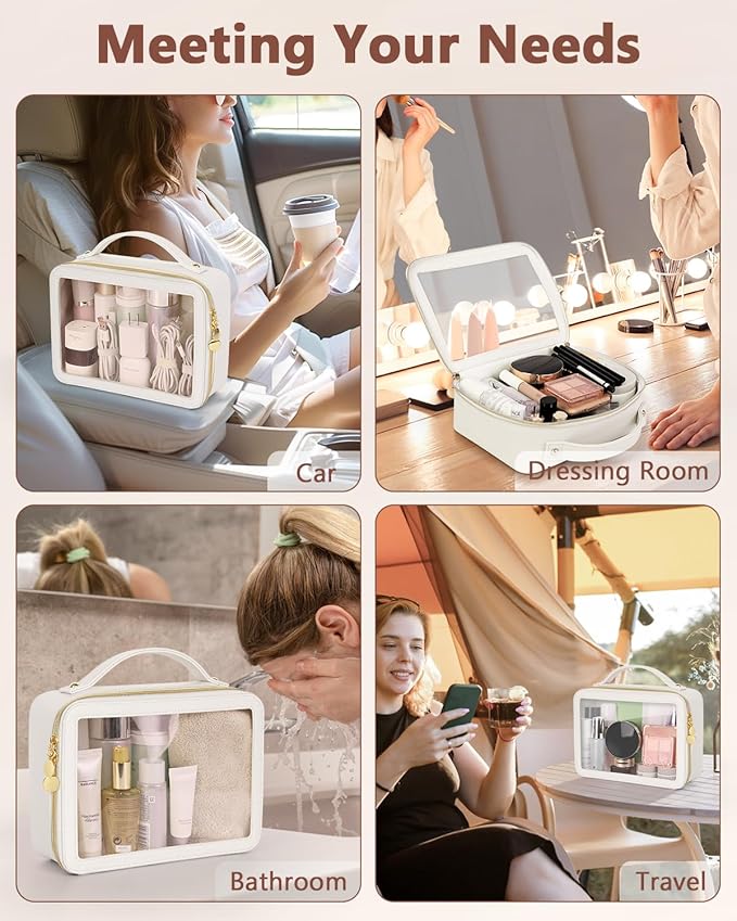 Clear Makeup Bag, Portable Travel Cosmetic Bags, Multipurpose Leather Toiletry Bag with Zipper, Waterproof Transparent Cosmetic Organizer for Women, Large, Beige