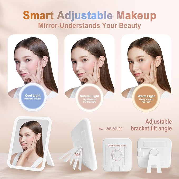 Travel Makeup Bag With 360° rotating LED Mirror,Waterproof cosmetic organizer,Portability Cosmetic case,Makeup organizer,Gift for Women,Girls Gift (Coffee + Pink)