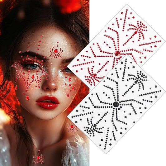 Red Black Face Gems, Halloween Face Rhinestone Makeup Festival Face Jewels, Spider Web Witch Scars Stick On Gems, Self-Adhesive Rhinestone Set for Halloween Cosplay Makeup