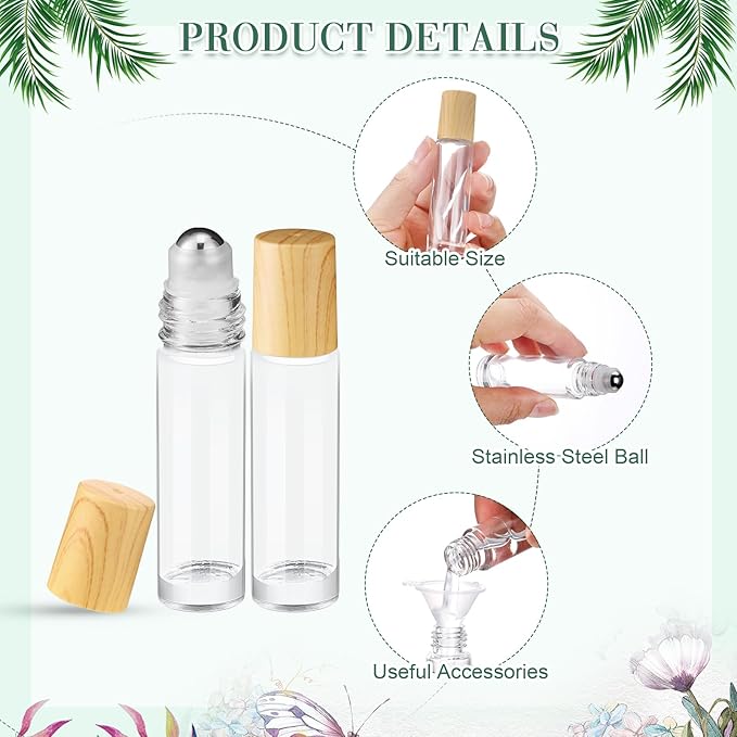 Sumind 150 Pcs Essential Oil Roller Bottles 10 ml Glass Empty Roll on Bottles with Stainless Steel Balls Leak Proof with 5 Funnel for Travel Essential Oil(Clear, Wood)