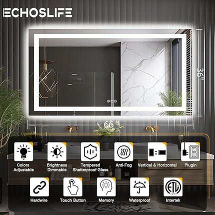 66"x36" LED Lit Bathroom Mirror, Front and Backlit LED Mirror, Anti-Fog Bathroom Mirror with Lights, 3 Colors Stepless Dimmable Mirror, Touch Sense (Horizontal/Vertical)