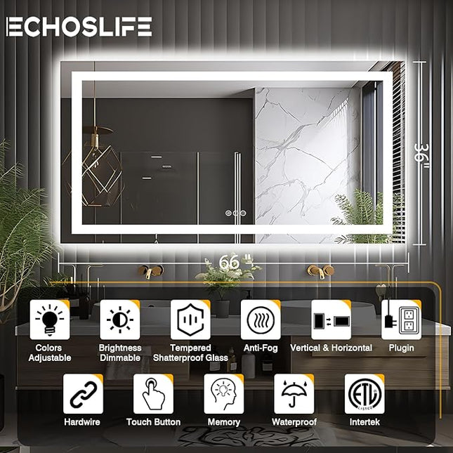 66"x36" LED Lit Bathroom Mirror, Front and Backlit LED Mirror, Anti-Fog Bathroom Mirror with Lights, 3 Colors Stepless Dimmable Mirror, Touch Sense (Horizontal/Vertical)