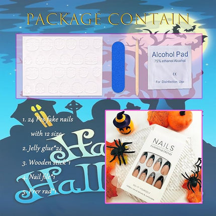 Almond Press on Nails Medium Length Black French Tip Halloween Fake Nails Full Cover Acrylic Nails Glue on Nails with Spider Web Design False Nails Glossy Stick on Nails for Women Girls 24 Pcs