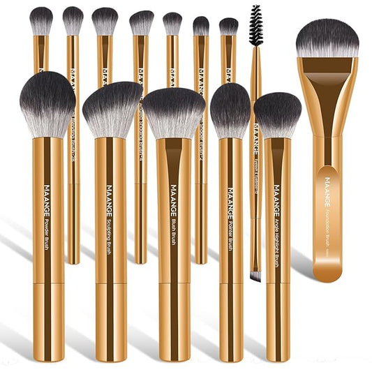 MAANGE 14-Piece Makeup Brush Set with Aluminum Ferrule- Premium Synthetic Makeup Brushes Kit Foundation Powder Brush Eye Shadow for Beginners & Professionals(Gold)