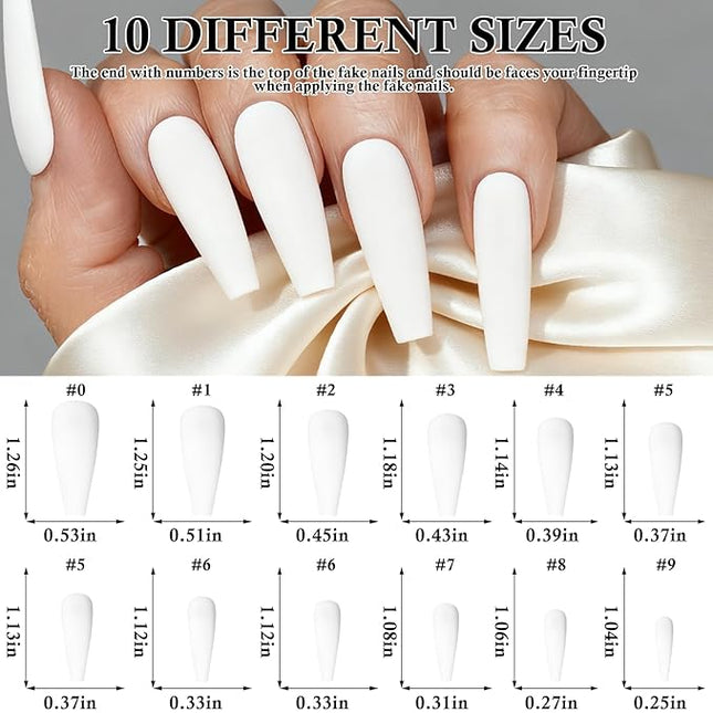 LoveOurHome 100pc Coffin Press on Nails Long Fake Nails White Matte Full Cover False Nails Press ons Artificial Nail Medium Ballerina Fake Fingernail Presson on Nail Tips for Women Kids Girls