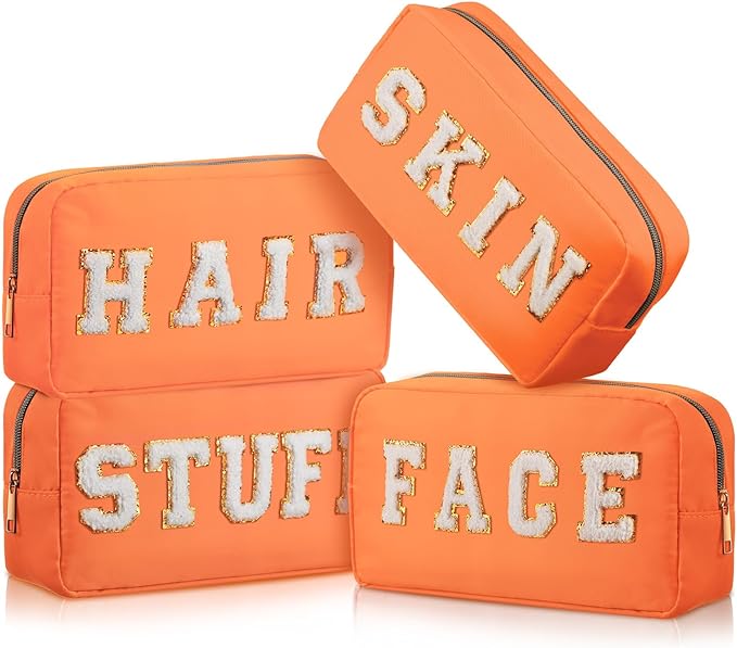 Cunno 4 Pcs Preppy Makeup Bags Chenille Letter Stuff Bag Nylon Cosmetic Pouch Cases with Zipper for Women Travel Toiletry