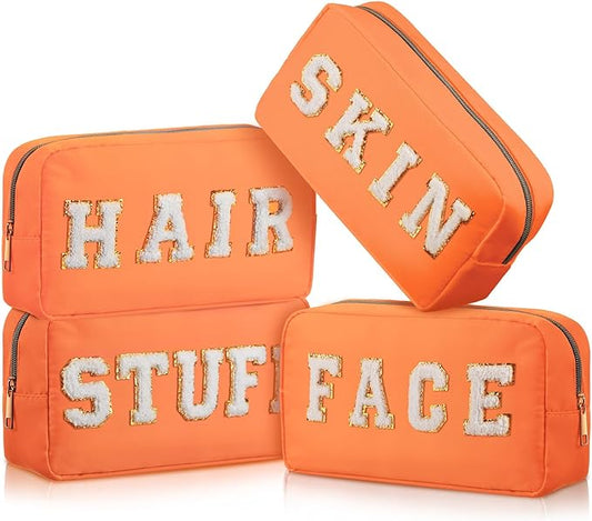 Cunno 4 Pcs Preppy Makeup Bags Chenille Letter Stuff Bag Nylon Cosmetic Pouch Cases with Zipper for Women Travel Toiletry