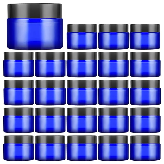 1 Oz Blue Round Glass Jars with Inner Liners and Black Lids(24PCS) Empty Cream Containers Refillable Cosmetic Vials for Cosmetics, Lotions, Ointment, Body Scrubs & Balms