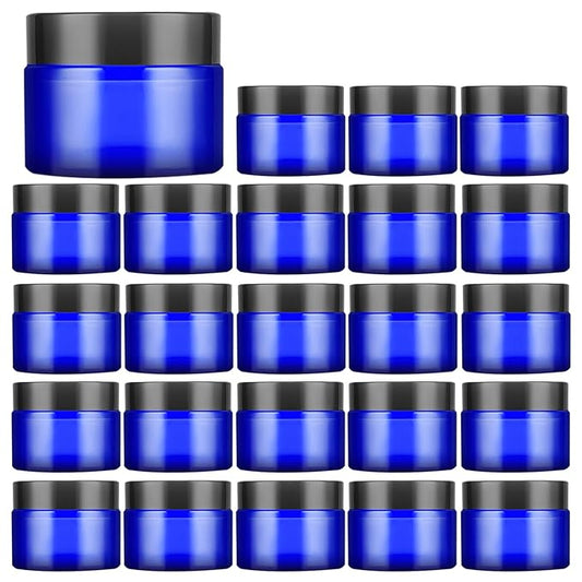 1 Oz Blue Round Glass Jars with Inner Liners and Black Lids(24PCS) Empty Cream Containers Refillable Cosmetic Vials for Cosmetics, Lotions, Ointment, Body Scrubs & Balms