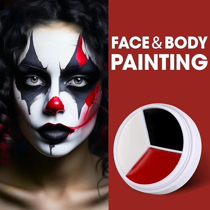 3 Colors Face & Body Paint [Black, White, Red] + 3pc Sponge & Brush, Baseball Eye Black for Sports Face-Painting, Halloween Makeup Kit for Zombie, Clown, Vampire, Skeleton, Joker Costume Makeup