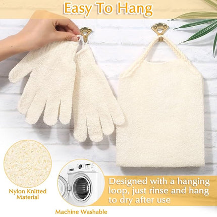 Anezus Exfoliating Back Scrubber Bath Gloves Set, Exfoliating Shower Towel with Shower Gloves for Body Scrub, Back Cleaner Wash Gloves to Remove Dead Skin (Beige)