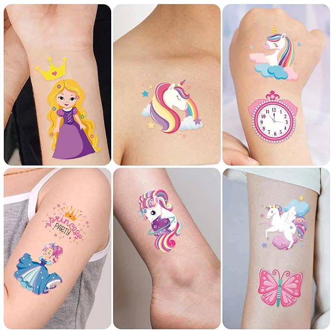 Unicorn Princess Temporary Tattoo for Kids, 270+ Pcs Rainbow Crown Unicorn Fake Tattoos for Girls’ Party Supplies Kids' Birthday Favor, 36 Sheets Waterproof Tattoos for 5 6 7 8 9 Years Old Girls