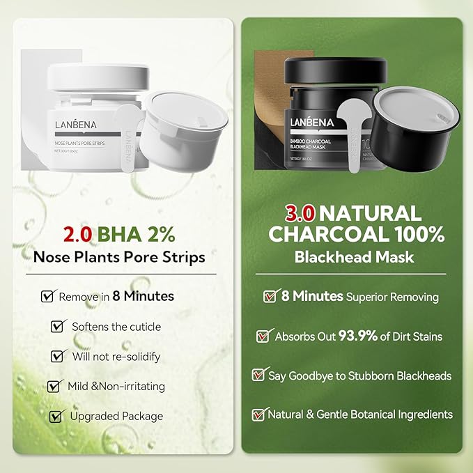 LANBENA 2-Pack Pore Strips: 2% Salicylic Acid BHA Nose Strips + Bamboo Charcoal Blackhead Peel-Off Mask | Deep Cleansing, Purifying Pore Treatment for Blackhead & Oil Removal, Plant-Based Skincare Duo