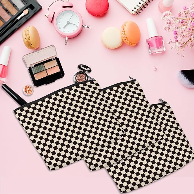 6 Pcs Checkered Makeup Bags Make up Bag Cosmetic Bags for Women Girls Sister Mama Bridesmaid Friendship Christmas Birthday Travel Toiletry Bag Aesthetic Zipper Organizer Accessories, Cute Black Plaid