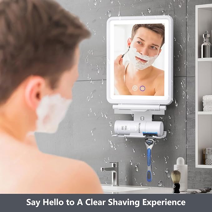 Heated Shower Mirror Fogless for Shaving, 3 Colors Stepless Dimmable Lights Fogless Mirror for Shower, Rechargeable Anti Fog Shaving Mirror with Razor Holder for Men, Light Memory Function, White
