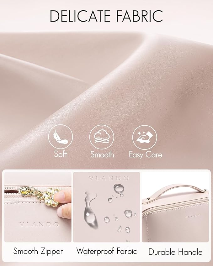 Vlando Makeup Bag,Large Capacity Toiletry Bag for Women Waterproof Portable Make up Pouch PU Leather Open Flat Cosmetic Bag(Apricot Pink)