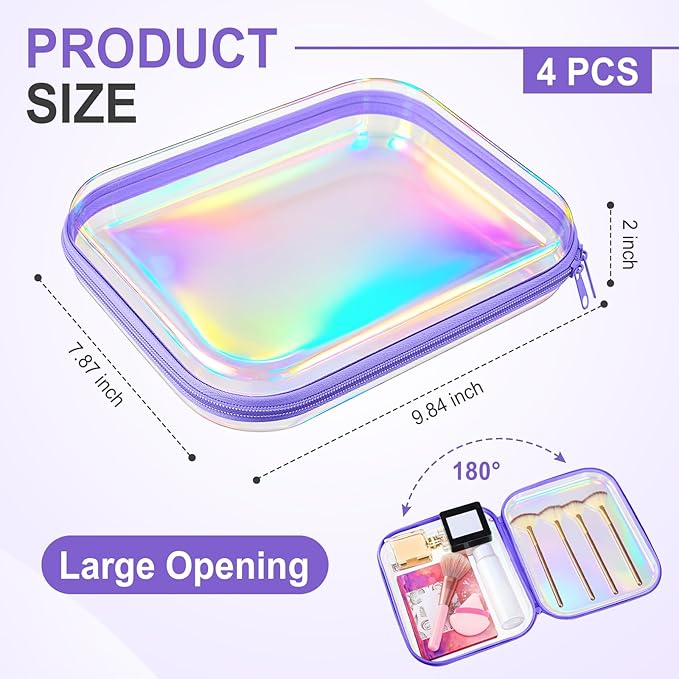 Hoolerry 4 Pcs Hard Clear Zipper Case Makeup Bags Plastic Pencil Pouch Transparent Storage Box Containers for Cosmetics, Snacks, Building Blocks, Puzzles(Purple Laser,9.8 x 7.9 x 2 in)
