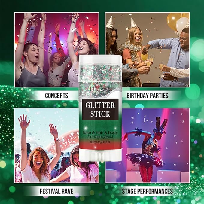 Face and Body Glitter Stick, Singer Concert Music Rave Face Body Sequins Glitter Stick for Women Face/Body/Hair/Eyes/Lip Glitter Makeup. (Red &Green & White)