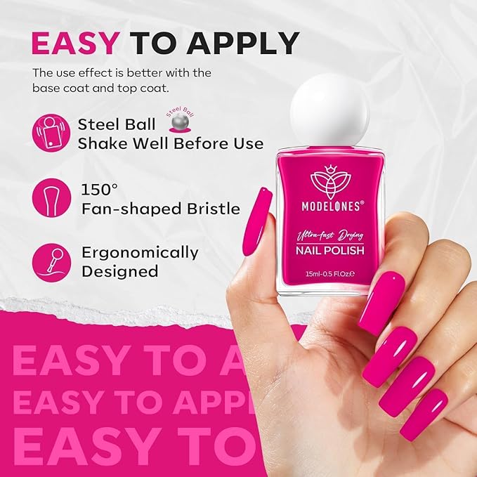 modelones Hot Pink Nail Polish, 15ML Bright Pink Quick Dry Nail Lacquer Strengthener Long Last Shine Fingernail Toe Nail Art DIY Valentine's Day Manicure Gift for Women Girls