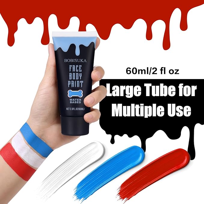 BOBISUKA White + Red + Blue Face Body Paint Kit, Water Based Face Painting for 4th of July Patriotic USA Flag Sports Fan Halloween Clown Zombie Joker Makeup for Women Adults, Non-Toxic Washable