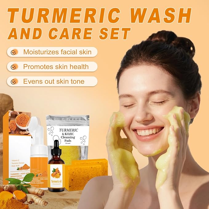 Turmeric Wash and Care 4 Piece Set,Turmeric Skincare Set: Turmeric Facial Cleanser,Cleansing Pad,Soap bar & Essential Oil, Deep Cleansing for Face & Body