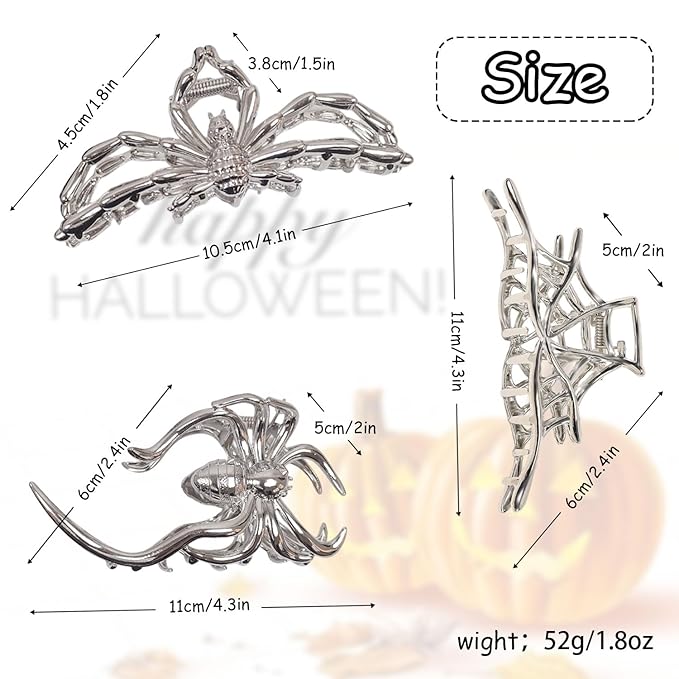 3 Pcs Halloween Claw Clips for Women, Gothic Hair Claws Silver Metal Spider Big Jaw Clamps Hair Accessories for thick Hair Styling Tool Holiday Gifts(Silver)