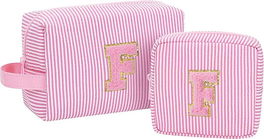 MONSTINA Initial Makeup Bag for Women,Personalized Make Up Case for 10 11 12 13 14 15 16 17 18 Years Old Teen Girls Gifts|Cute Toiletry Bag Preppy Chenille Letter Patch,Pink F