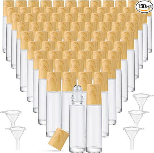 Sumind 150 Pcs Essential Oil Roller Bottles 10 ml Glass Empty Roll on Bottles with Stainless Steel Balls Leak Proof with 5 Funnel for Travel Essential Oil(Clear, Wood)