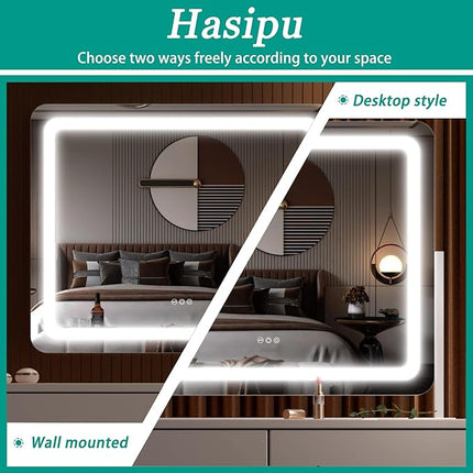 Hasipu Vanity Mirror with Lights, 24.2" x 18.9" LED Make up Mirror, Light up Mirror with 10X Magnification and USB Charging Port, Phone Holder, Smart Touch 3 Colors Dimmable, 360° Rotation (White)