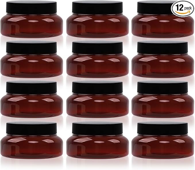 Amber Plastic Jars with Lids, 12 Pack Brown Body Scrub Jars Empty Refillable Containers Round Low Profile Samples Jars for Lotion, Body Butter, Sugar Scrub, Cream (5.3 OZ)