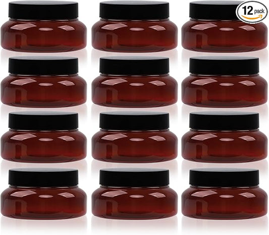 Amber Plastic Jars with Lids, 12 Pack Brown Body Scrub Jars Empty Refillable Containers Round Low Profile Samples Jars for Lotion, Body Butter, Sugar Scrub, Cream (5.3 OZ)