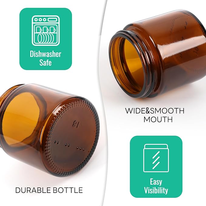 4 oz Amber Round Glass Jars with Black Lids 24 Pack- Portable Empty Glass Containers with Inner Liners for Cosmetic, Food Storage, Body Butters, Body Butter, Candle Jars