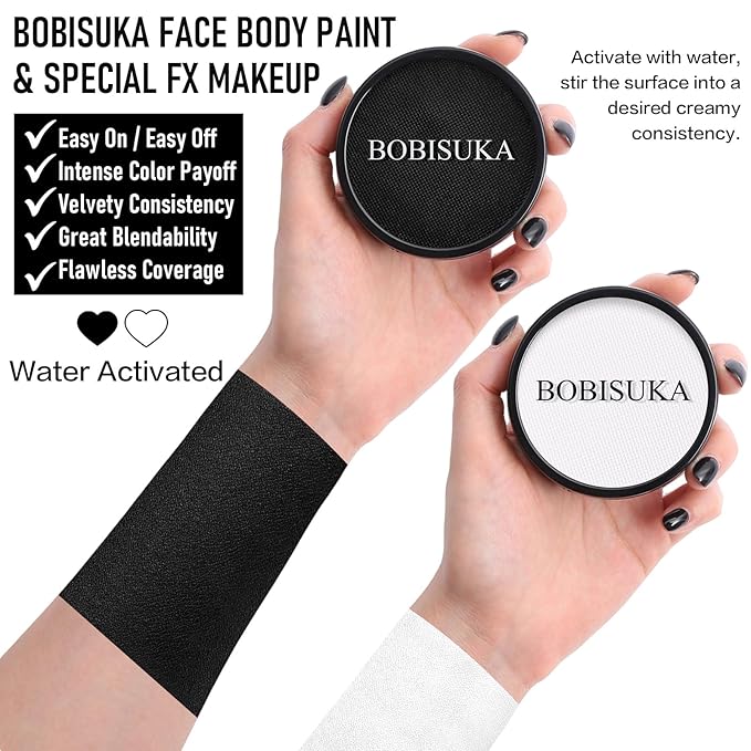 BOBISUKA Black White Face Body Paint, Water Based Face Painting Kit Body Paints with Brushes, Kids Adults Facepaint for Halloween Party Clown Joker Goth Skull SFX Makeup Costume Cosplay Stage Dress-Up