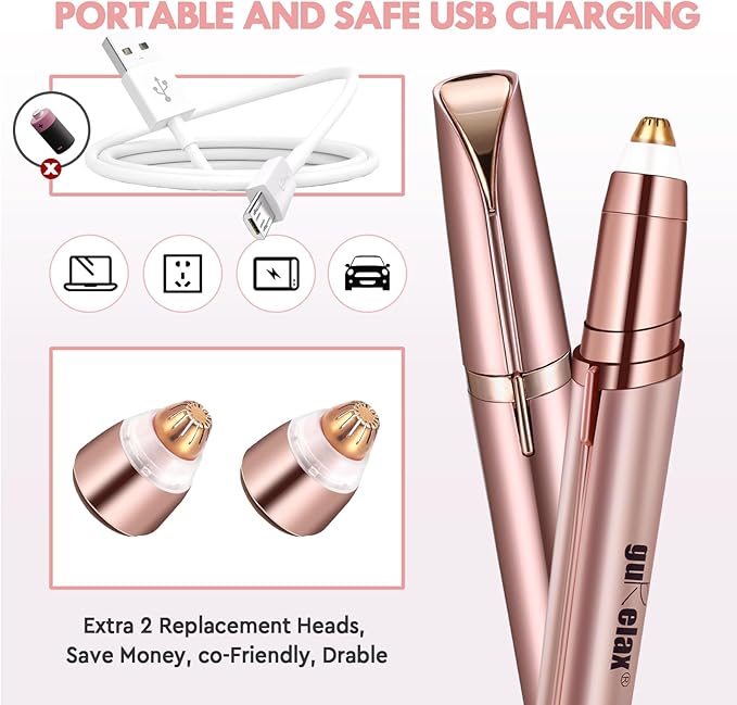 Eyebrow Trimmer for Women, Rechargeable Eyebrow Hair Remover, Painless Electric Razor with 2 x Replacement Heads, Eye Brow and Face Epilator Hair Removal (Rose Gold)
